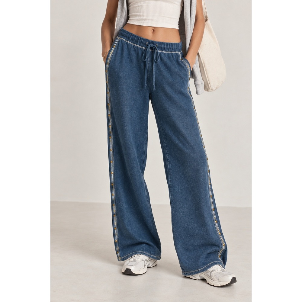 Y2K Blue Wide Leg Pants Women M Drawstring Athleisure Studded Side Stripe Lounge
